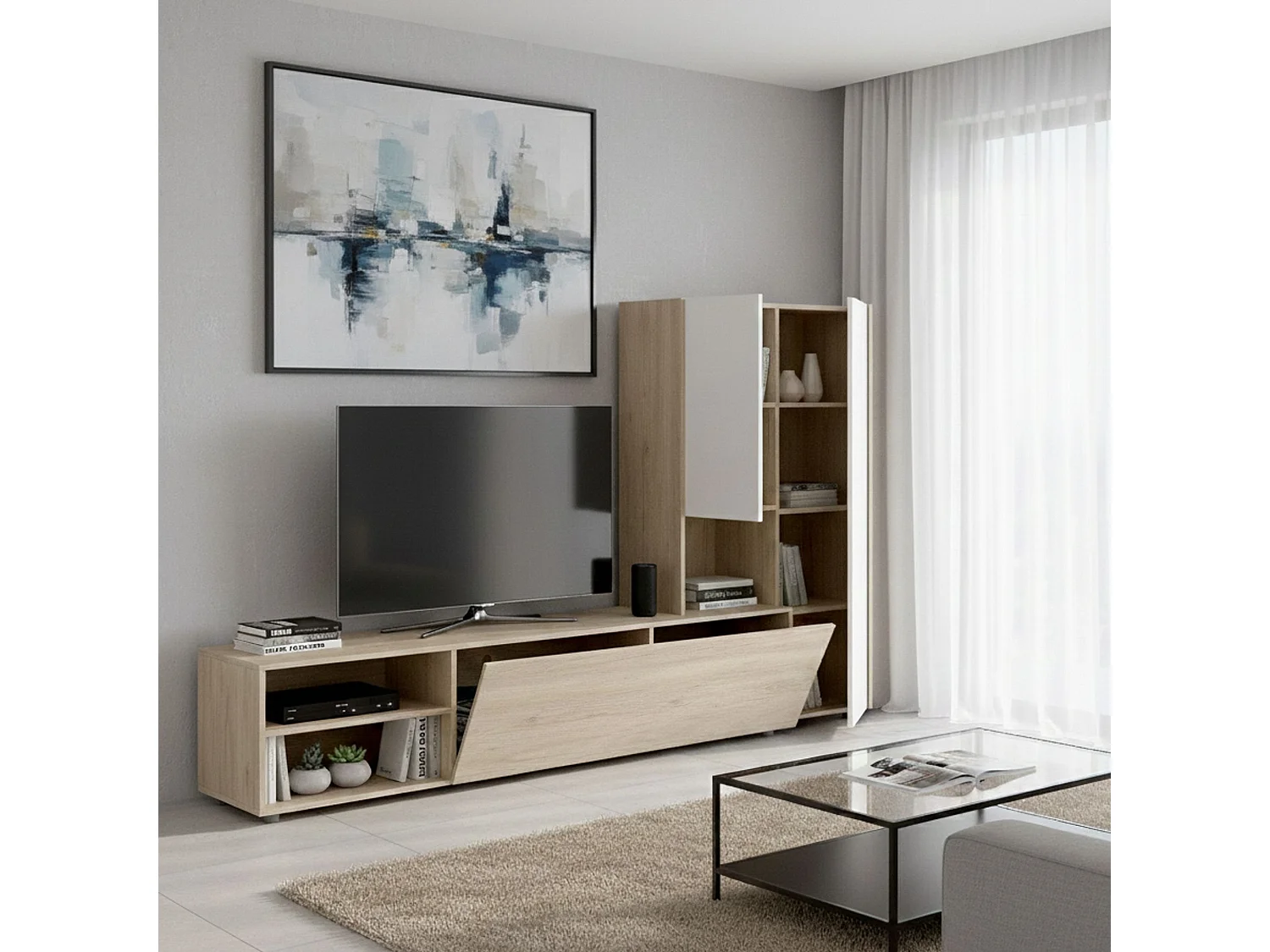 Pared Equipada Dhughe, Composición de la sala de estar, Muebles de salón multiusos, Gabinete de TV, 227x40 h141 cm, Blanco y Roble