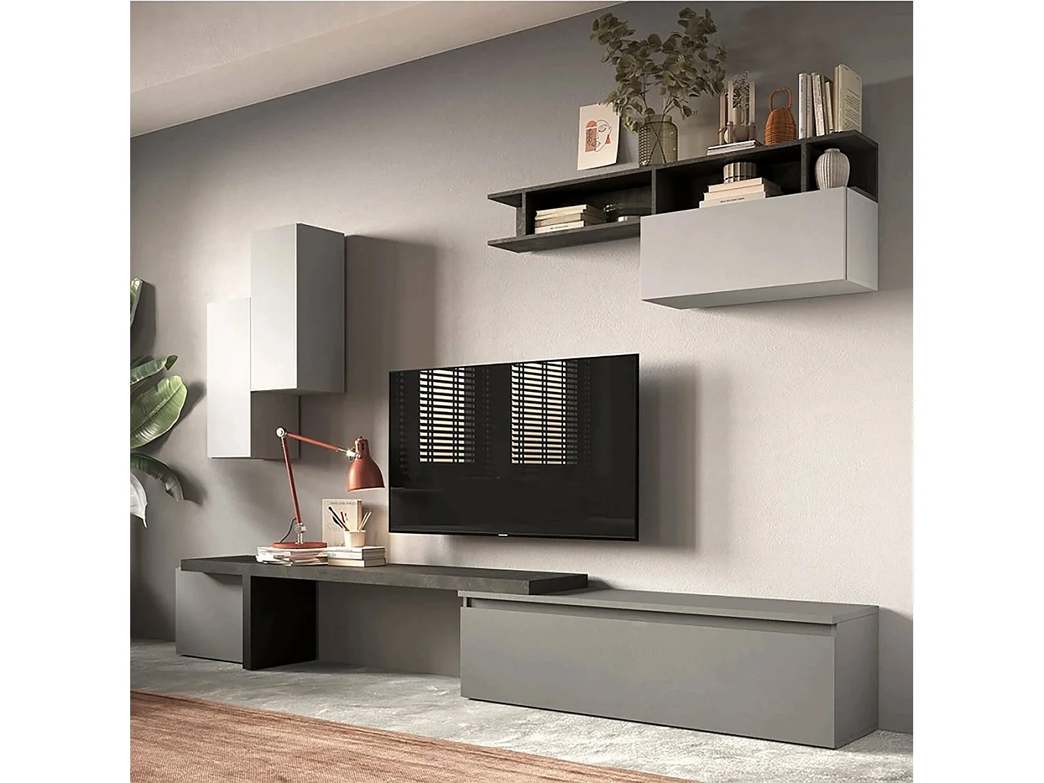 Sistema de parede Ddimarian, Composição da sala, Móveis multiusos para sala, Móvel de TV, Fabricado em Itália, 290x40 h210 cm, Ardósia e Cinza
