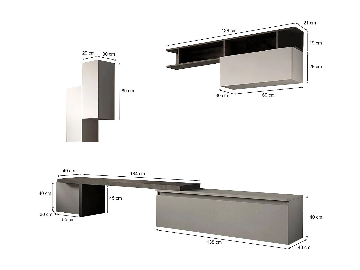 Sistema de parede Ddimarian, Composição da sala, Móveis multiusos para sala, Móvel de TV, Fabricado em Itália, 290x40 h210 cm, Ardósia e Cinza