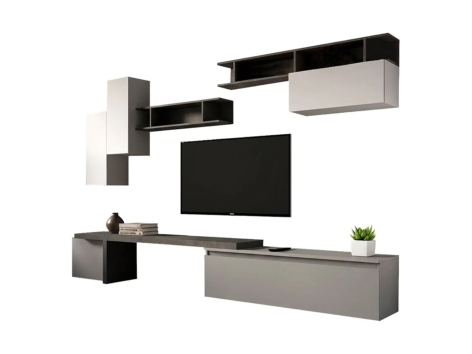 Sistema de parede Ddimarian, Composição da sala, Móveis multiusos para sala, Móvel de TV, Fabricado em Itália, 290x40 h210 cm, Ardósia e Cinza