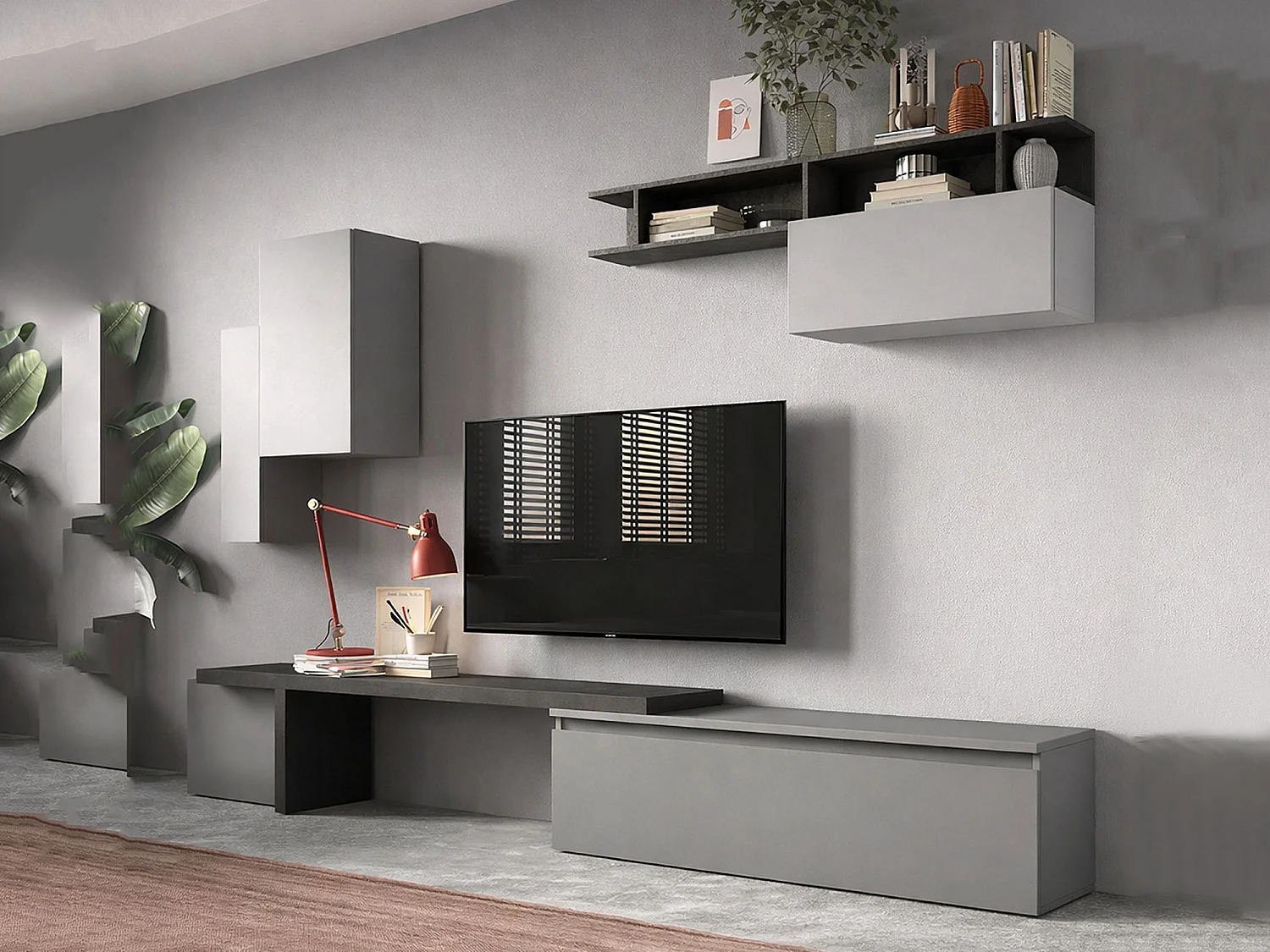Sistema de parede Ddimarian, Composição da sala, Móveis multiusos para sala, Móvel de TV, Fabricado em Itália, 290x40 h210 cm, Ardósia e Cinza