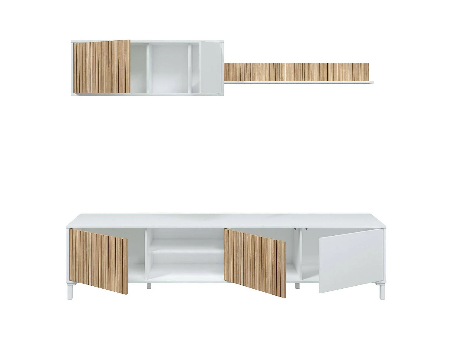 Meuble Mural Dzironell, Composition du salon, Meubles de salon polyvalents, Meuble télé, 200x40 h47 cm, Blanc et Chêne clair
