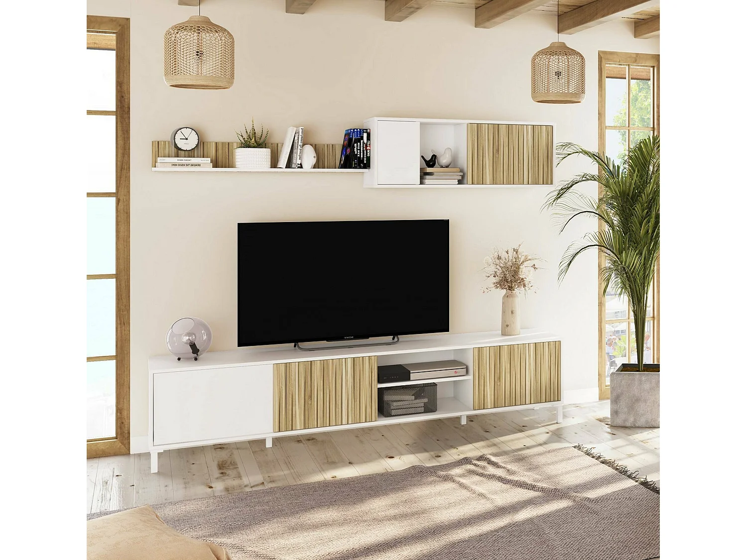 Meuble Mural Dzironell, Composition du salon, Meubles de salon polyvalents, Meuble télé, 200x40 h47 cm, Blanc et Chêne clair