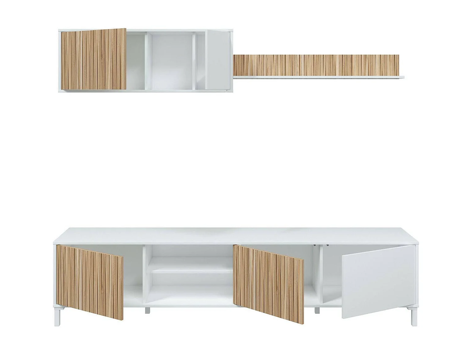 Dzironell wandsysteem, Samenstelling woonkamer, Multifunctioneel woonkamermeubilair, TV-kast, 200x40 h47 cm, Wit en Eiken