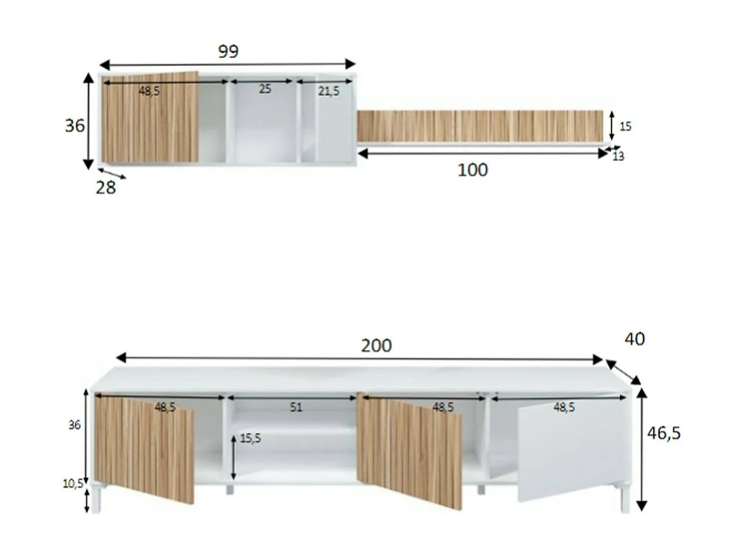 Dzironell wandsysteem, Samenstelling woonkamer, Multifunctioneel woonkamermeubilair, TV-kast, 200x40 h47 cm, Wit en Eiken