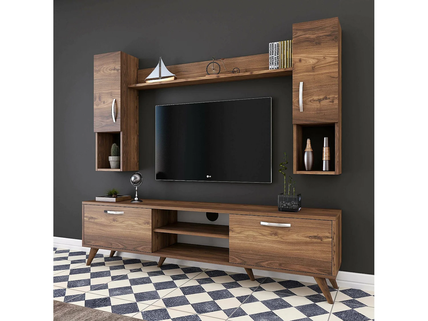 Sistema de parede Dmaranzan, Composição da sala, Mobiliário multiusos para sala, Móvel de TV, 180x35 h49 cm, Nogueira