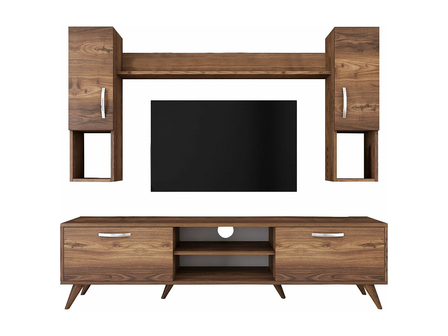 Sistema de parede Dmaranzan, Composição da sala, Mobiliário multiusos para sala, Móvel de TV, 180x35 h49 cm, Nogueira