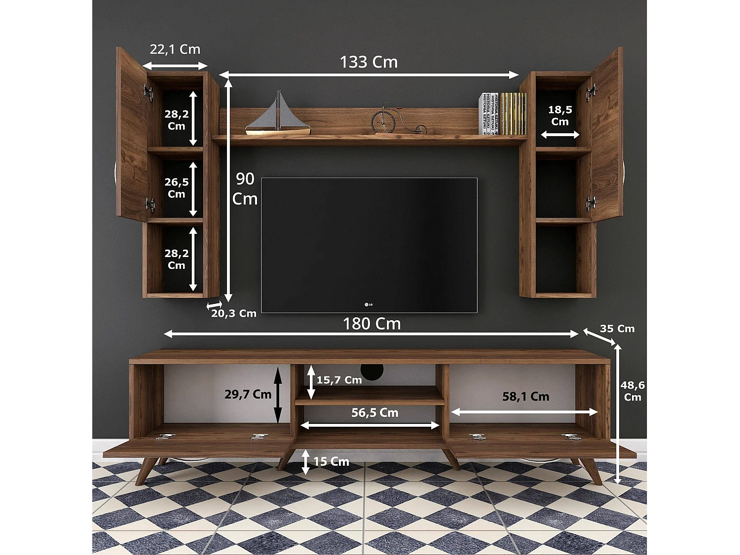 Meuble Mural Dmaranzan, Composition du salon, Meubles de salon polyvalents, Meuble télé, 180x35 h49 cm, Noyer