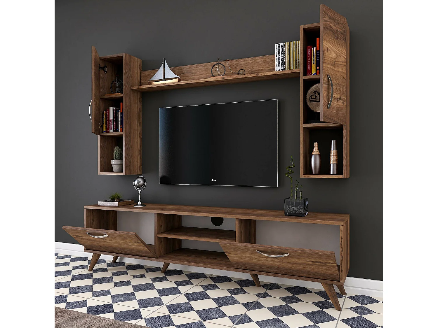 Dmaranzan wandsysteem, Samenstelling woonkamer, Multifunctioneel woonkamermeubilair, TV-kast, 180x35 h49 cm, Walnoot