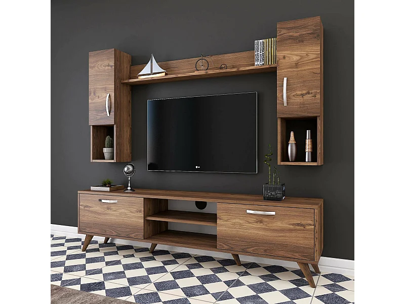 Meuble Mural Dmaranzan, Composition du salon, Meubles de salon polyvalents, Meuble télé, 180x35 h49 cm, Noyer