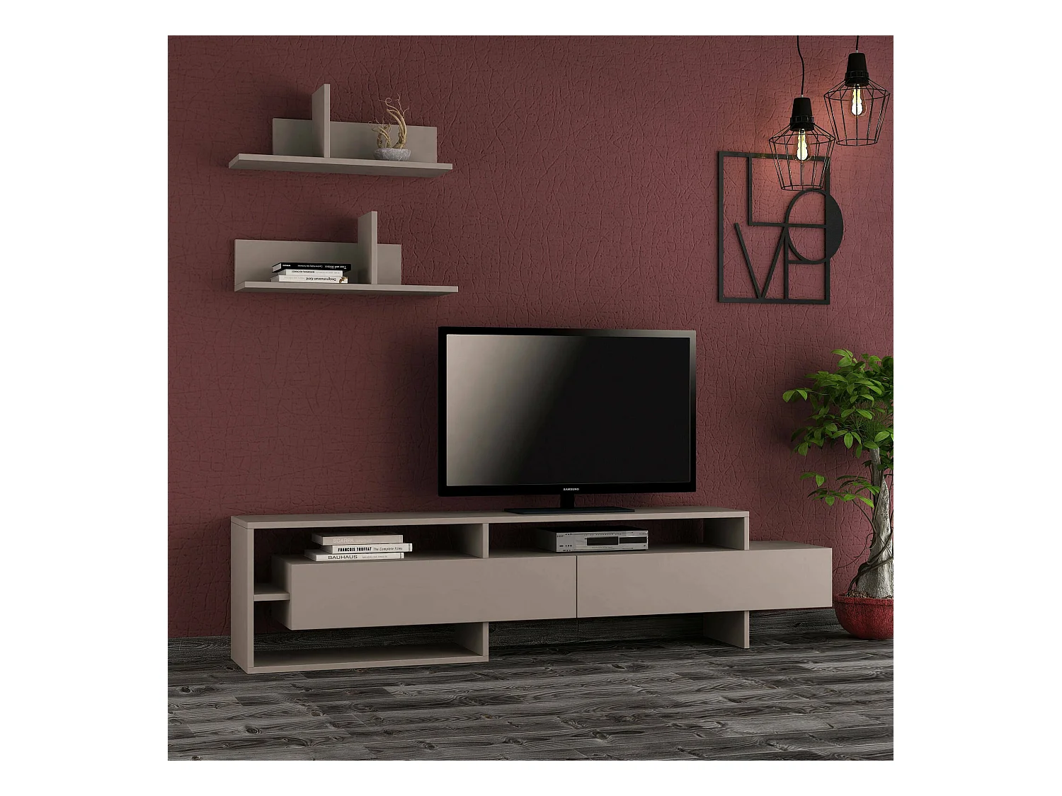 Wohnzimmermöbel Dodriozol, Modulares Wohnzimmerset, Mehrzweck-Wohnzimmermöbel, Moderner TV-Schrank, 180x32 h42 cm, Beige