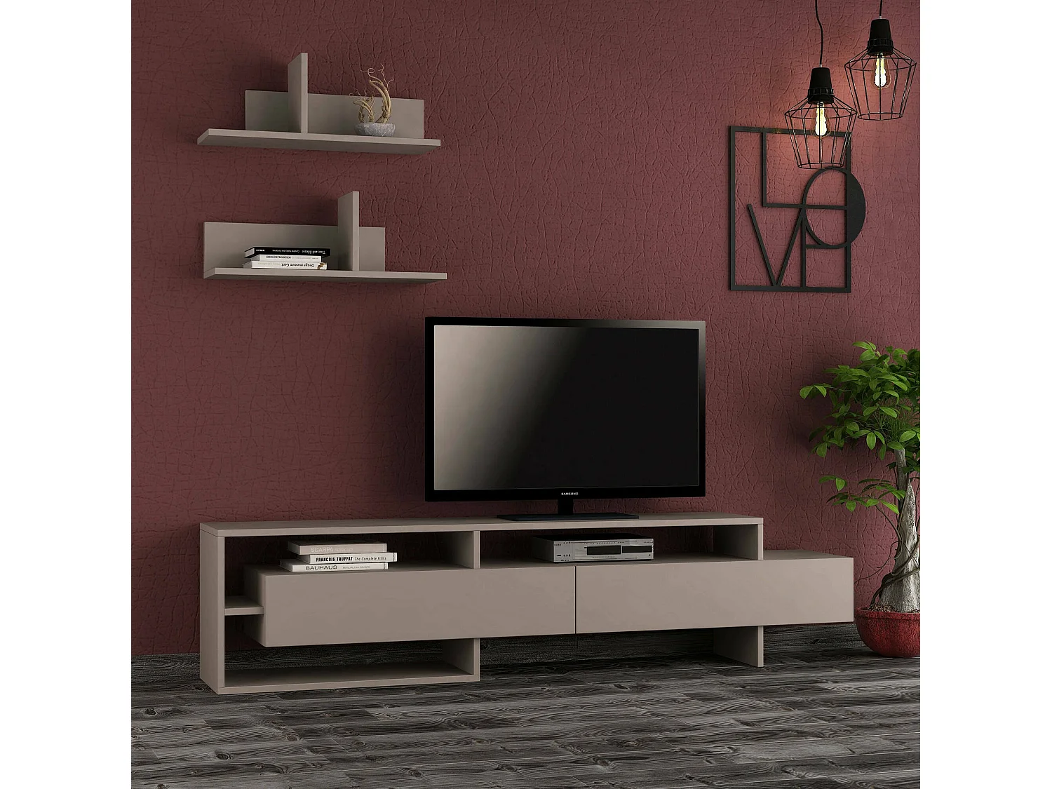 Meuble Mural Dodriozol, Composition du salon, Meubles de salon polyvalents, Meuble télé, 180x32 h42 cm, Beige