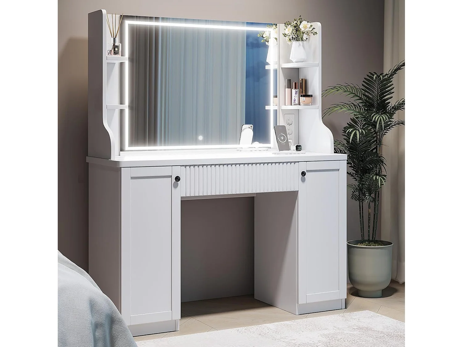 Coiffeuse avec Miroir LED à Luminosité Réglable,Dressing Table Moderne en Bois,Tiroir,3 Compartiments,110x40x138.5cm - Blanc