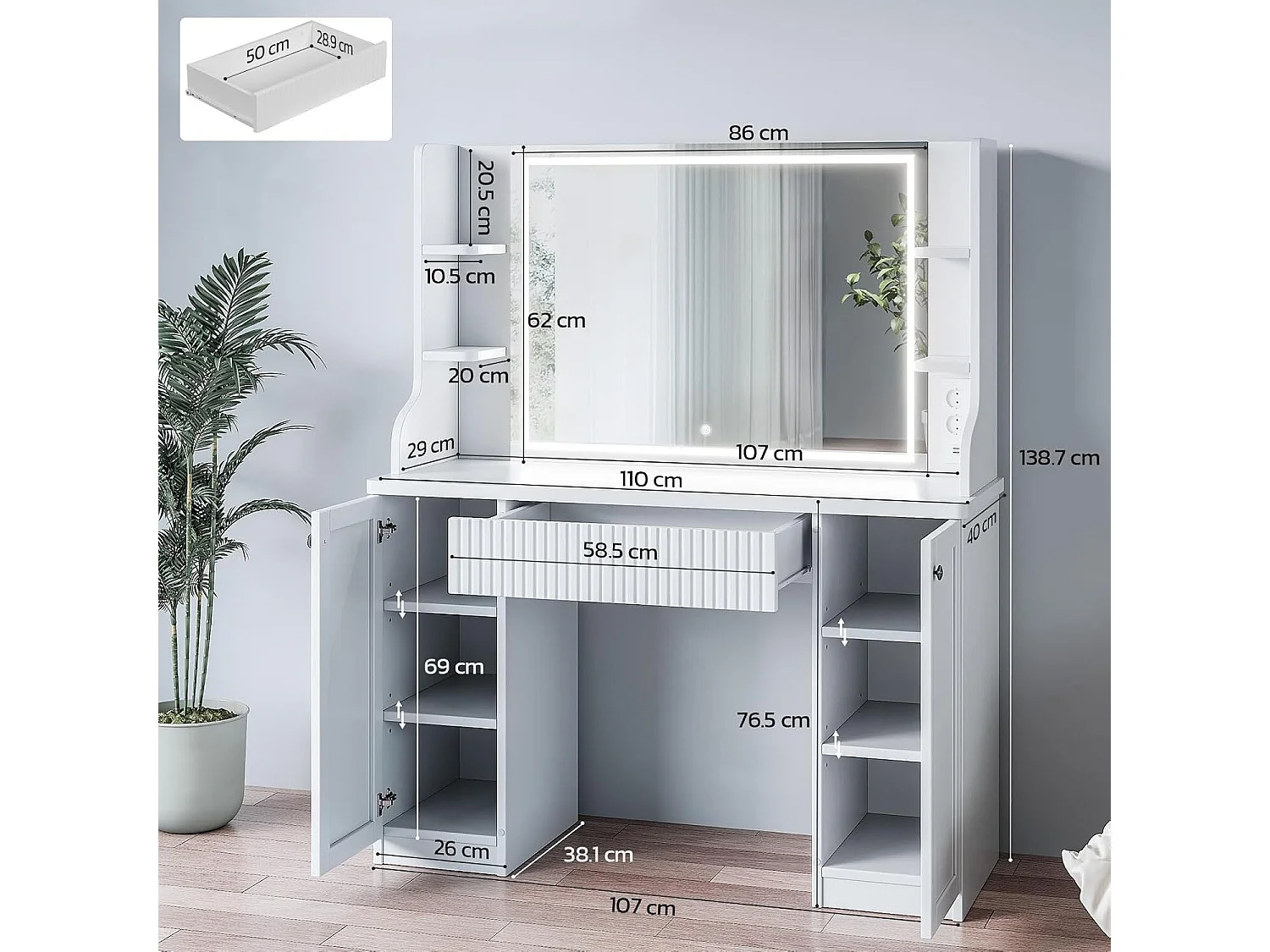 Coiffeuse avec Miroir LED à Luminosité Réglable,Dressing Table Moderne en Bois,Tiroir,3 Compartiments,110x40x138.5cm - Blanc