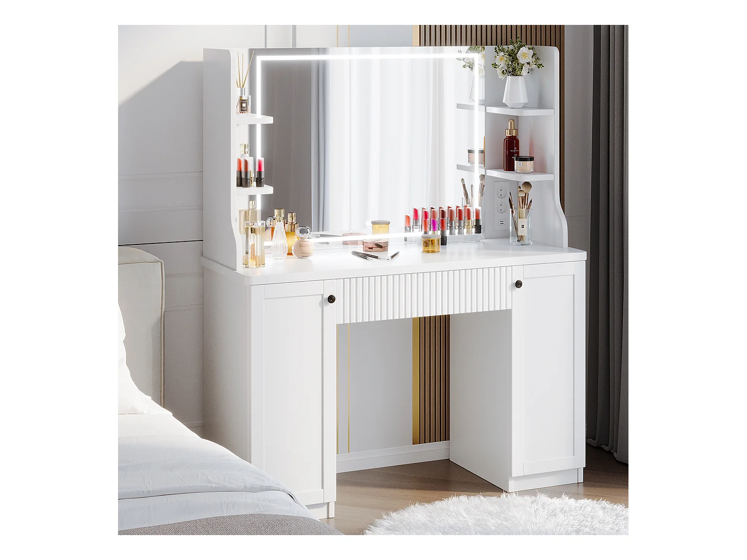 Cooff con espejo LED LED ajustable, vestidor moderno de madera, cajón, 3 compartimentos, 110x40x138.5cm - blanco