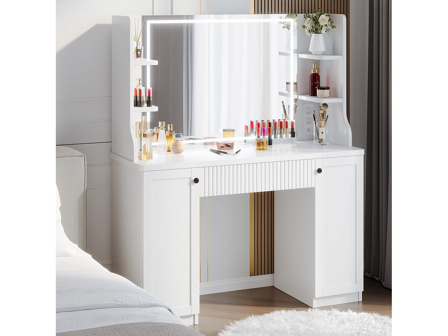 Coiffeuse avec Miroir LED à Luminosité Réglable,Dressing Table Moderne en Bois,Tiroir,3 Compartiments,110x40x138.5cm - Blanc