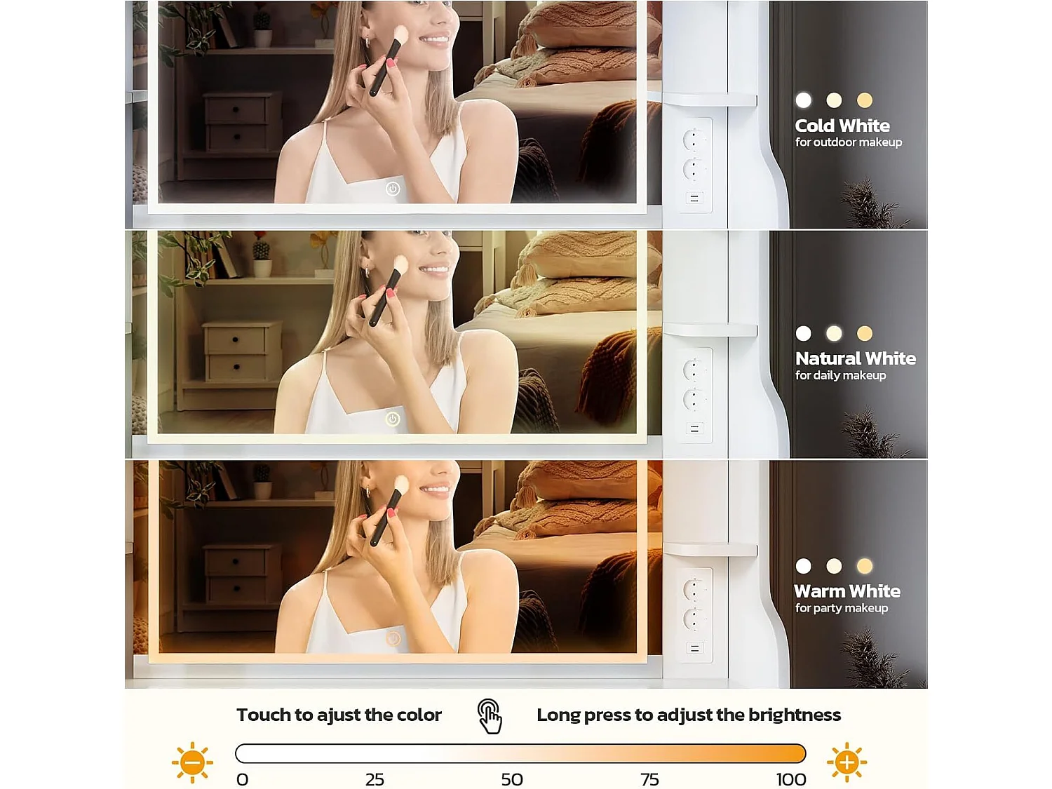 Coiffeuse avec Miroir LED à Luminosité Réglable,Dressing Table Moderne en Bois,Tiroir,3 Compartiments,110x40x138.5cm - Blanc