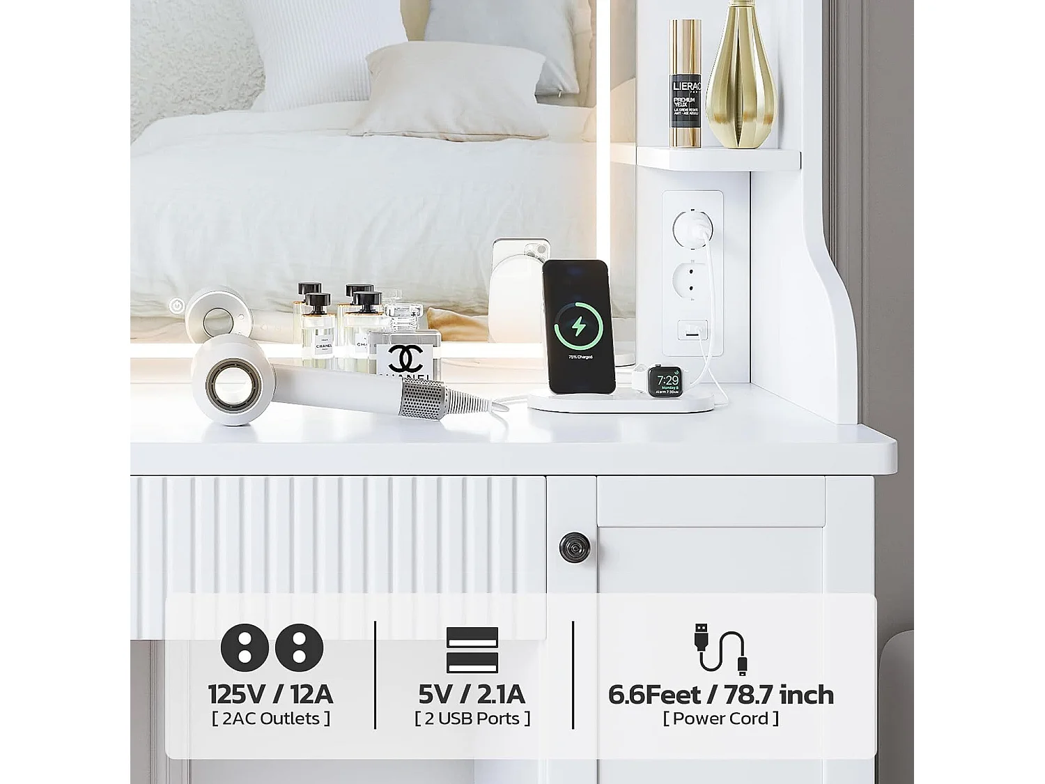 Coiffeuse avec Miroir LED à Luminosité Réglable,Dressing Table Moderne en Bois,Tiroir,3 Compartiments,110x40x138.5cm - Blanc