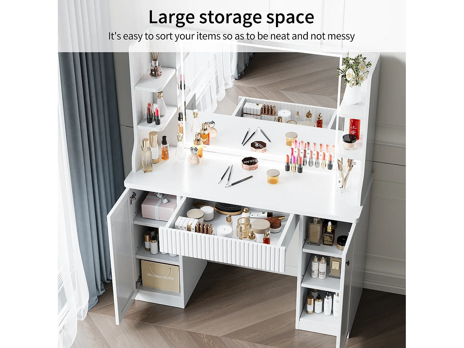 Coiffeuse avec Miroir LED à Luminosité Réglable,Dressing Table Moderne en Bois,Tiroir,3 Compartiments,110x40x138.5cm - Blanc