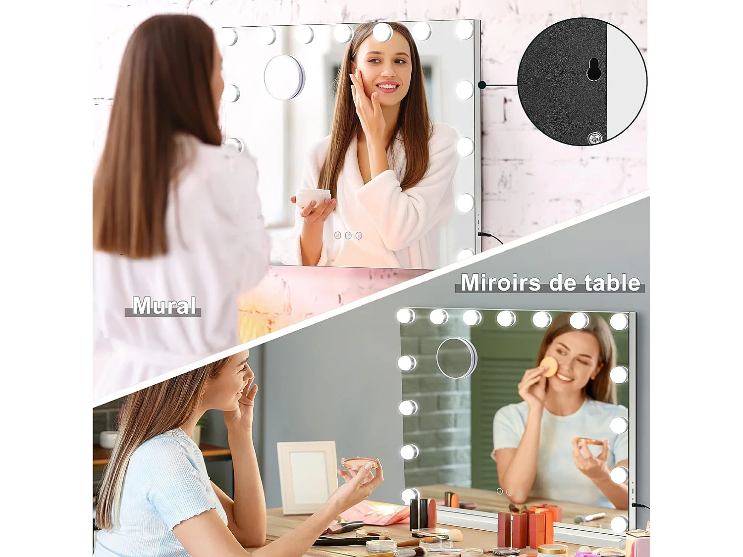 Miroir Maquillage Lumineux Hollywood 15 Ampoules,LED Miroir Coiffeuse Contrôle Tactile Luminosité Réglable sur Table et sur Mur 58x48cm - Blanc