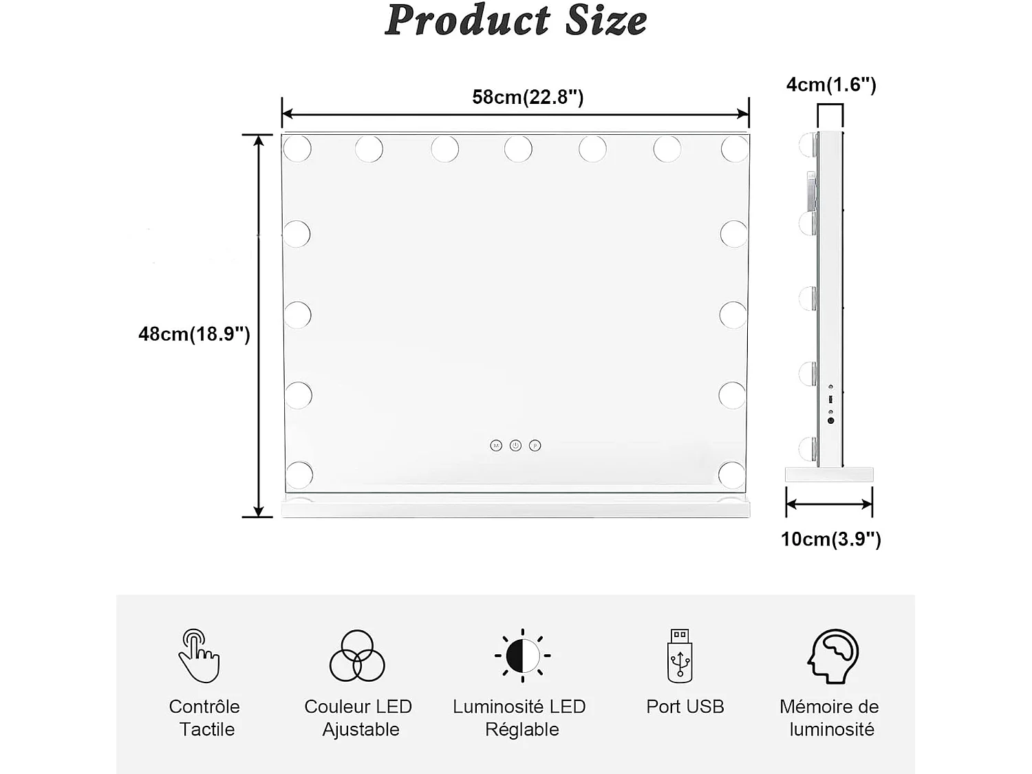 Miroir Maquillage Lumineux Hollywood 15 Ampoules,LED Miroir Coiffeuse Contrôle Tactile Luminosité Réglable sur Table et sur Mur 58x48cm - Blanc