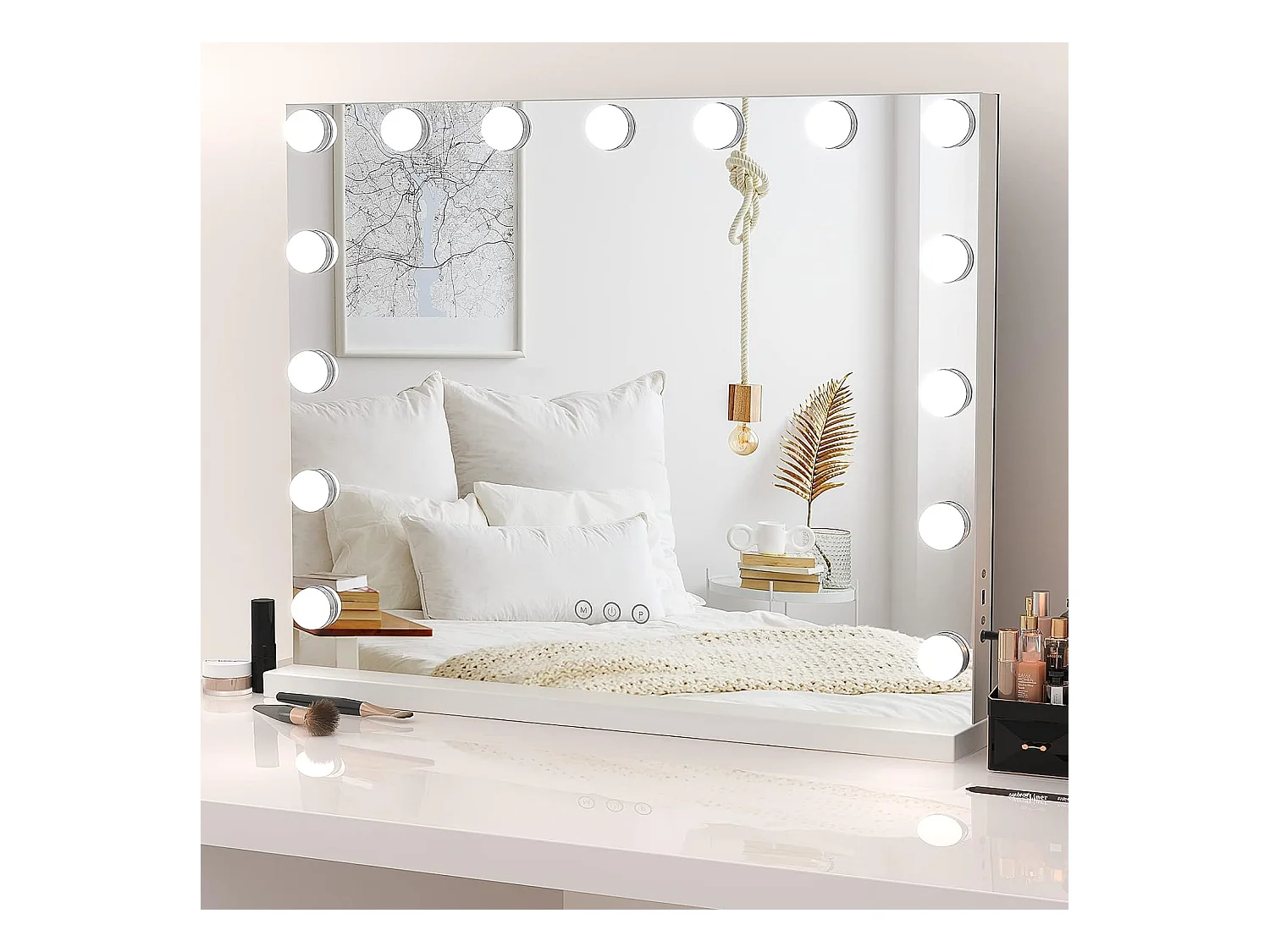 Miroir Maquillage Lumineux Hollywood 15 Ampoules,LED Miroir Coiffeuse Contrôle Tactile Luminosité Réglable sur Table et sur Mur 58x48cm - Blanc