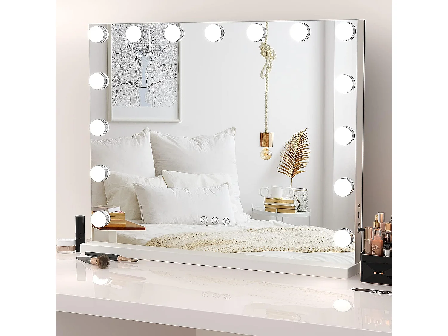 Miroir Maquillage Lumineux Hollywood 15 Ampoules,LED Miroir Coiffeuse Contrôle Tactile Luminosité Réglable sur Table et sur Mur 58x48cm - Blanc