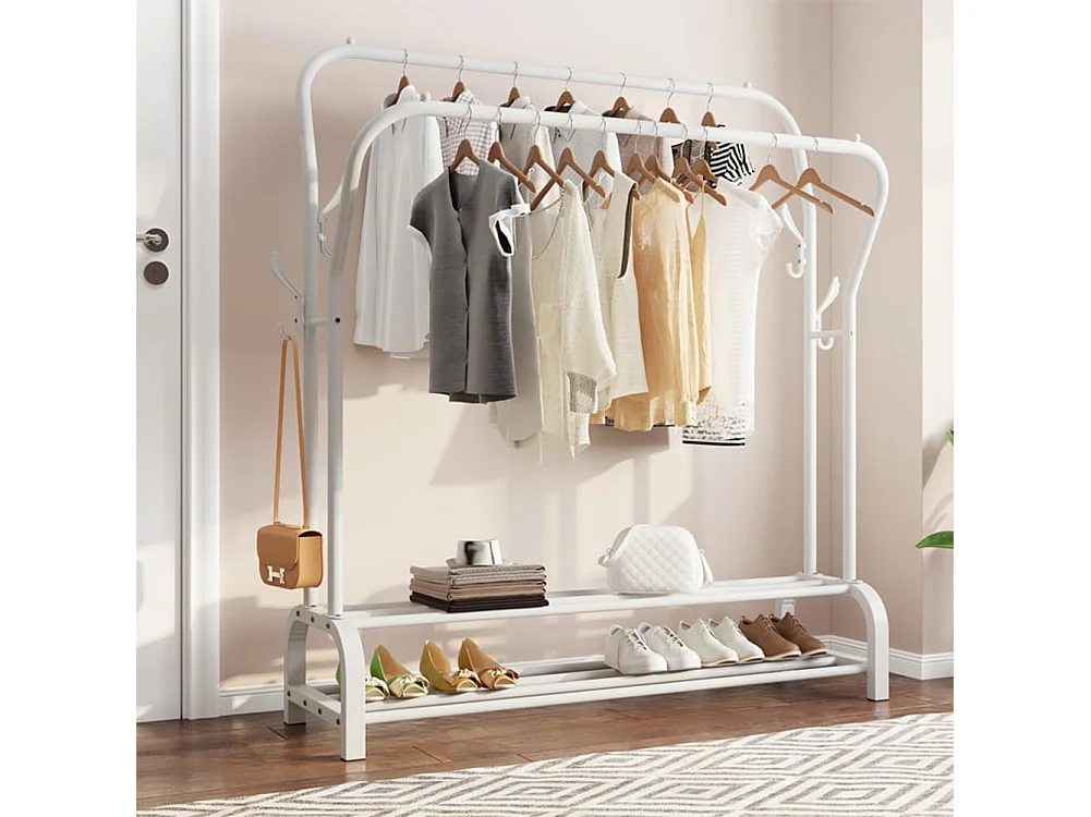 Capa doble de doble corporación con estante de zapato 4 ganchos, 110x35x146cm-blanco