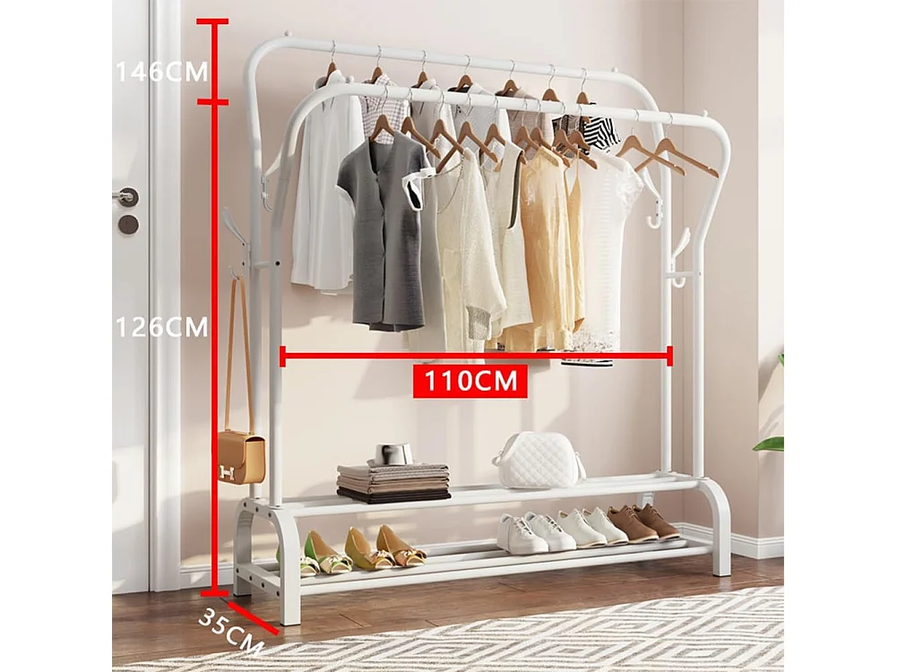 Capa doble de doble corporación con estante de zapato 4 ganchos, 110x35x146cm-blanco