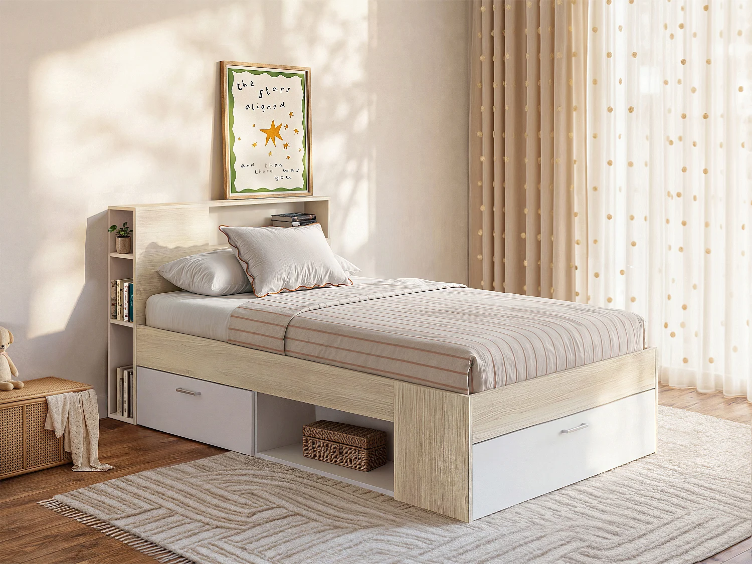 Cama con cabecero de almacenaje y cajón - 120 x 190 cm - Color: Natural y blanco - LEANDRE
