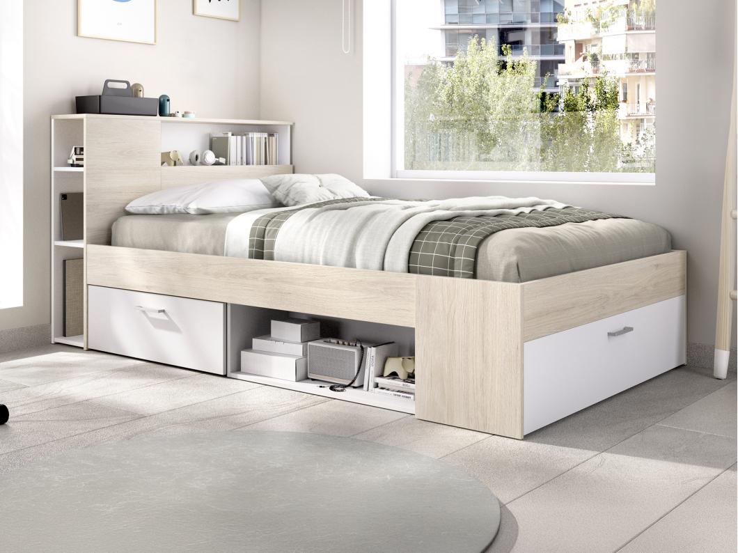 Lit avec tête de lit rangements et tiroir - 120 x 190 cm - Coloris : Naturel et blanc - LEANDRE