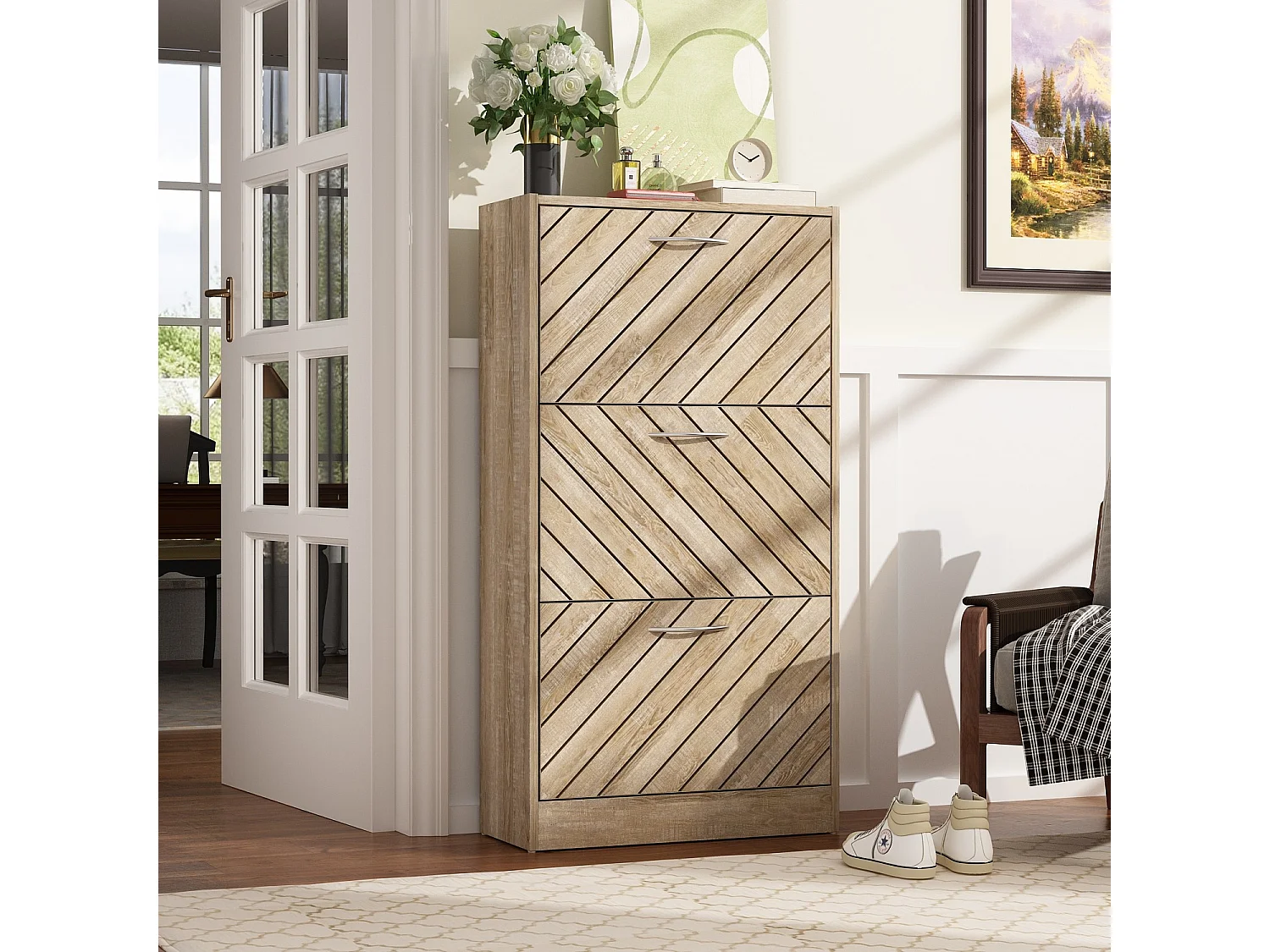 Meuble à chaussures meuble d'entrée avec abattants 3 niveaux 16 paires des chaussures 54x24x107cm Marron clair