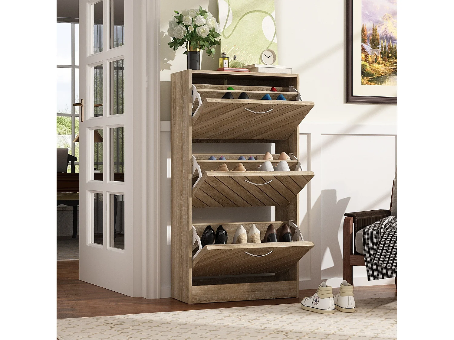 Meuble à chaussures meuble d'entrée avec abattants 3 niveaux 16 paires des chaussures 54x24x107cm Marron clair