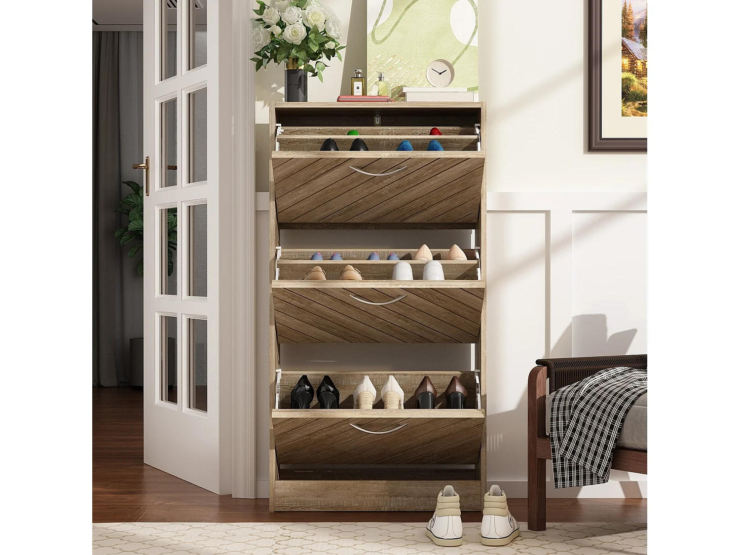 Meuble à chaussures meuble d'entrée avec abattants 3 niveaux 16 paires des chaussures 54x24x107cm Marron clair