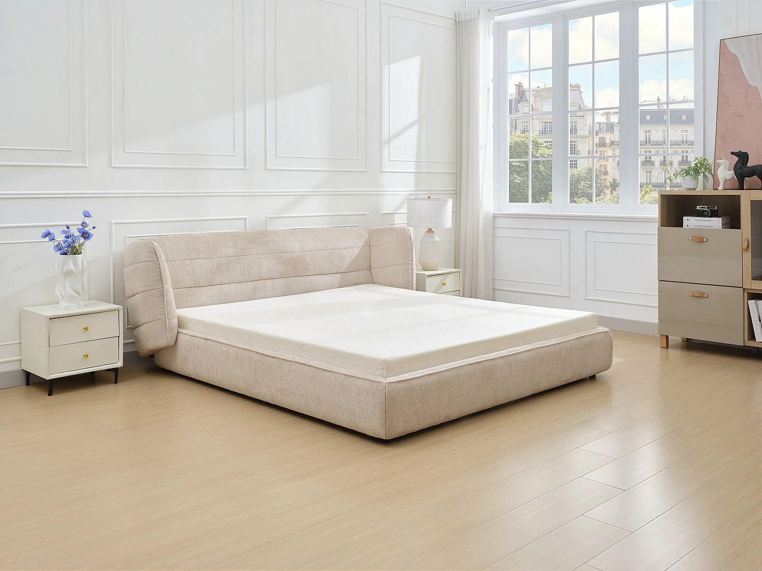 Lit 160 x 200 cm avec tête de lit incurvée - Tissu bouclette - Beige + Matelas - LARUMO de Maison Céphy