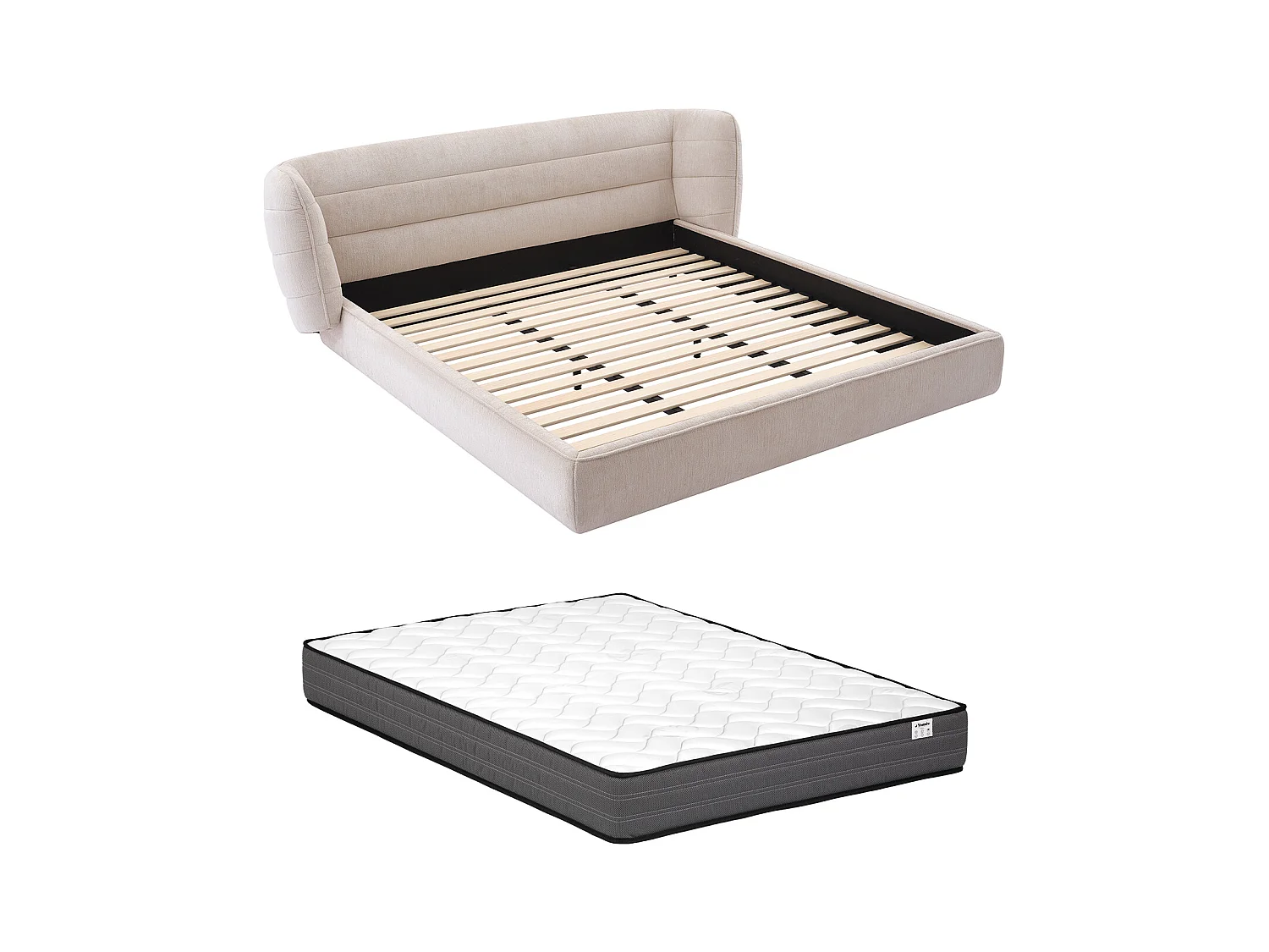 Lit 160 x 200 cm avec tête de lit incurvée - Tissu bouclette - Beige + Matelas - LARUMO de Maison Céphy