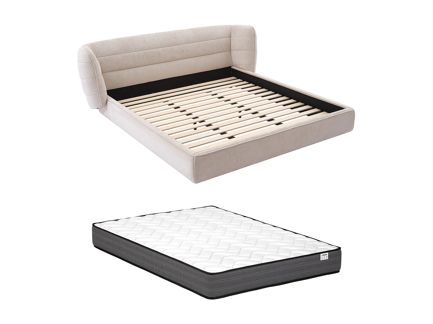 Bett 160 x 200 cm mit geschwungenem Kopfteil + Matratze - Bouclé-Stoff - Beige - LARUMO von Maison Céphy