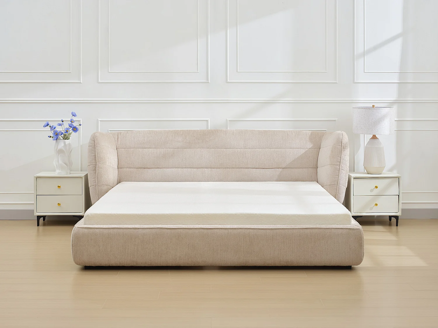 Lit 180 x 200 cm avec tête de lit incurvée - Tissu bouclette - Beige + Matelas - LARUMO de Maison Céphy