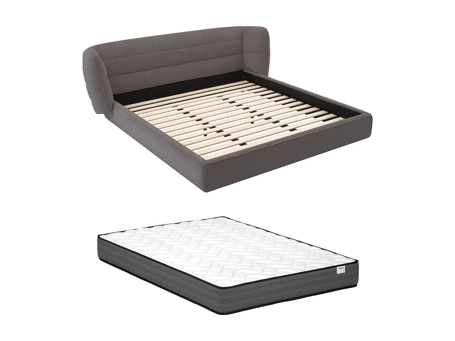 Lit 160 x 200 cm avec tête de lit incurvée - Tissu bouclette - Gris + Matelas - LARUMO de Maison Céphy
