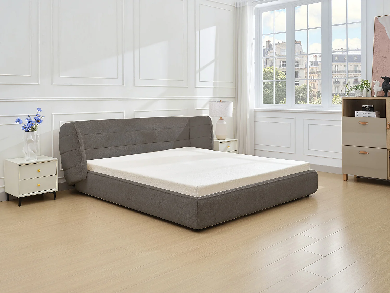 Lit 180 x 200 cm avec tête de lit incurvée - Tissu bouclette - Gris + Matelas - LARUMO de Maison Céphy