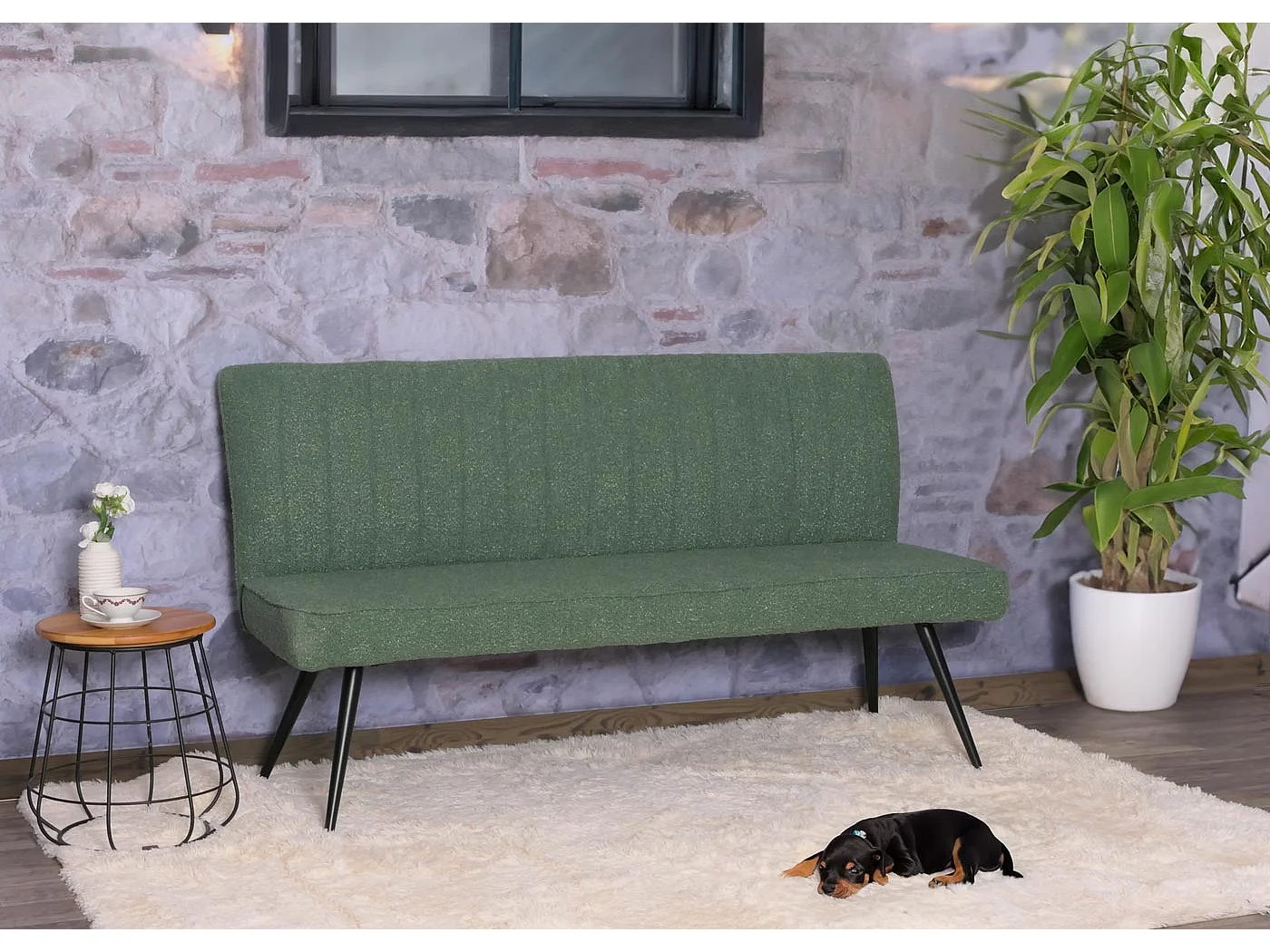 Panca MCW-K16, panca per sala da pranzo imbottita, schienale stoffa/tessuto bouclè metallo 160cm ~ verde