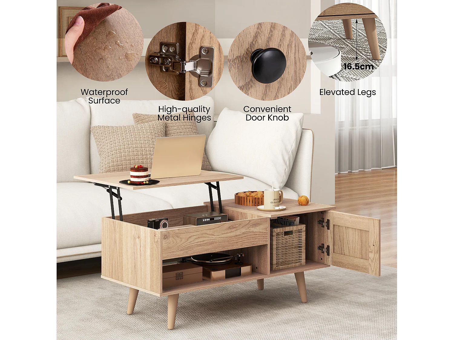 Table Basse Relevable avec Rangemen (Naturel)