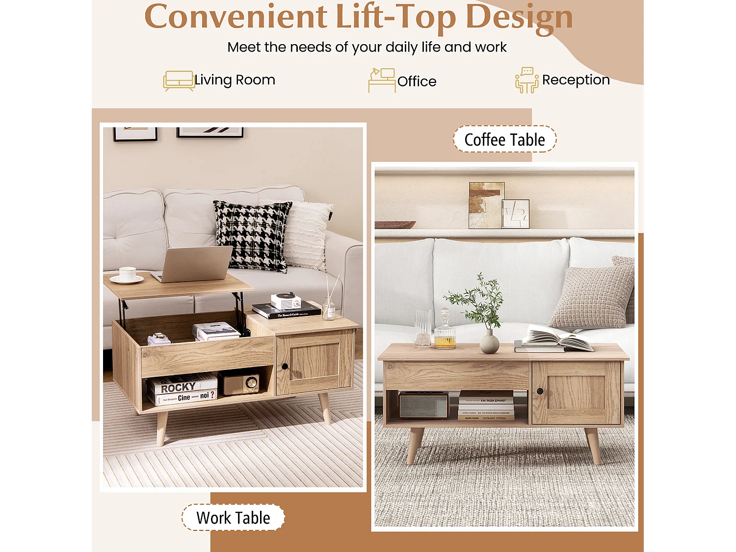 Table Basse Relevable avec Rangemen (Naturel)