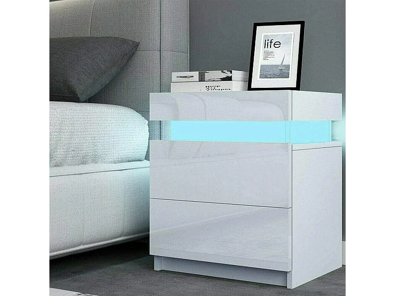 Table de chevet Haute Brillance avec LED Lumières,Armoire Commode 2 Tiroirs Table de Nuit Meuble de chambre - 45x35x52cm - Blanc