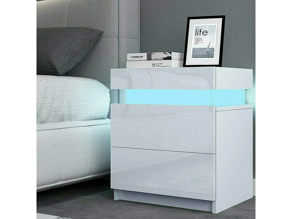 Table de chevet Haute Brillance avec LED Lumières,Armoire Commode 2 Tiroirs Table de Nuit Meuble de chambre - 45x35x52cm - Blanc