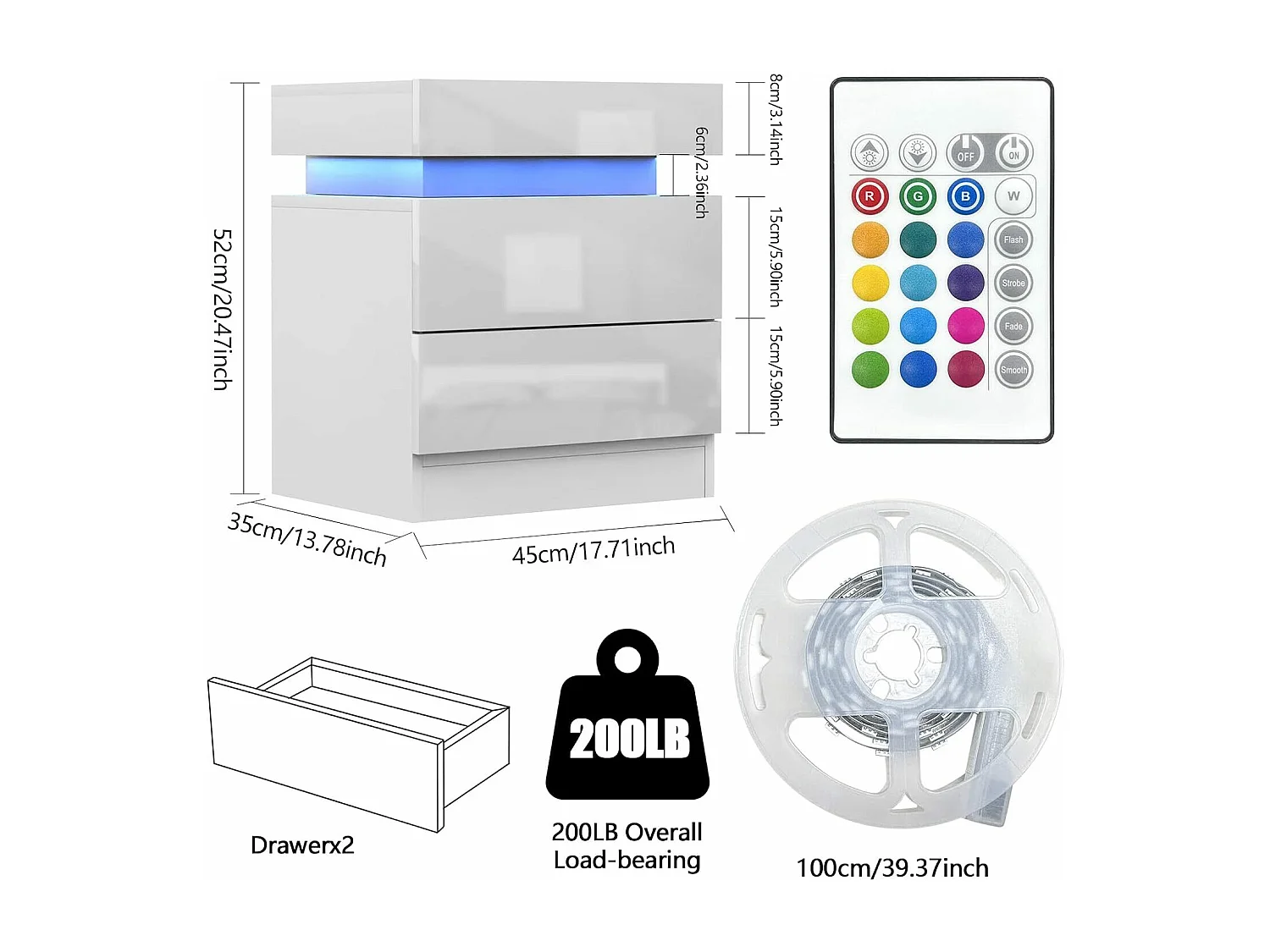 Table de chevet Haute Brillance avec LED Lumières,Armoire Commode 2 Tiroirs Table de Nuit Meuble de chambre - 45x35x52cm - Blanc