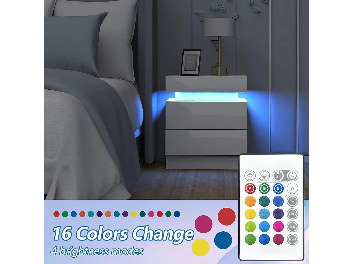 Table de chevet Haute Brillance avec LED Lumières,Armoire Commode 2 Tiroirs Table de Nuit Meuble de chambre - 45x35x52cm - Blanc