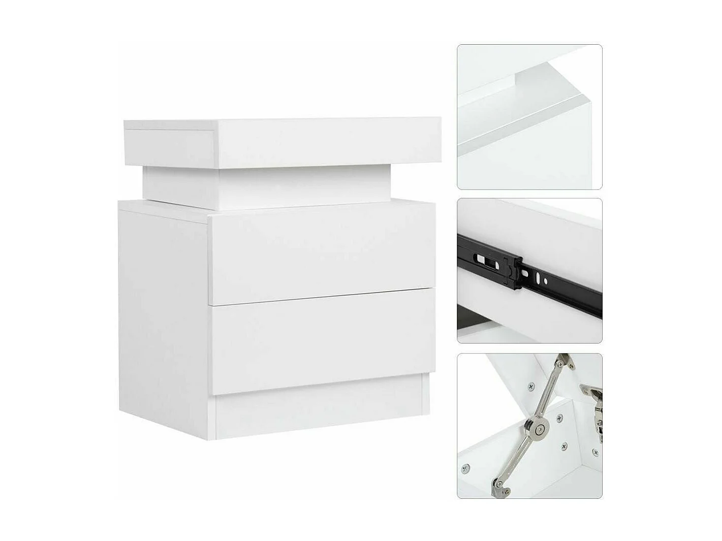 Table de chevet Haute Brillance avec LED Lumières,Armoire Commode 2 Tiroirs Table de Nuit Meuble de chambre - 45x35x52cm - Blanc