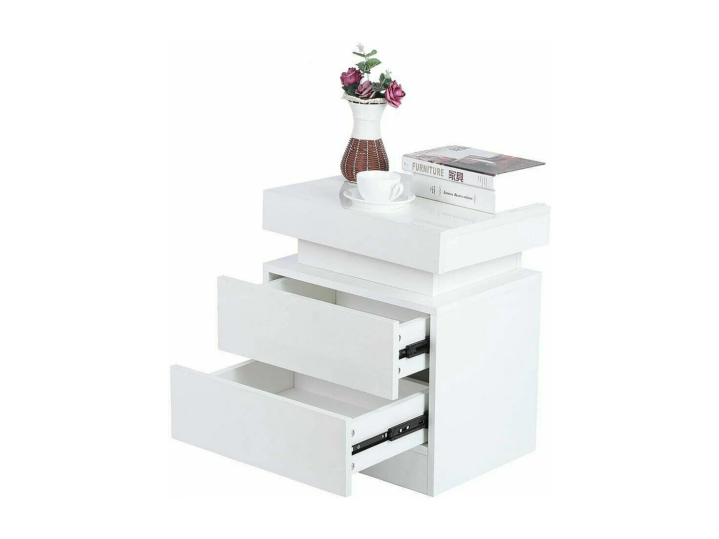 Table de chevet Haute Brillance avec LED Lumières,Armoire Commode 2 Tiroirs Table de Nuit Meuble de chambre - 45x35x52cm - Blanc