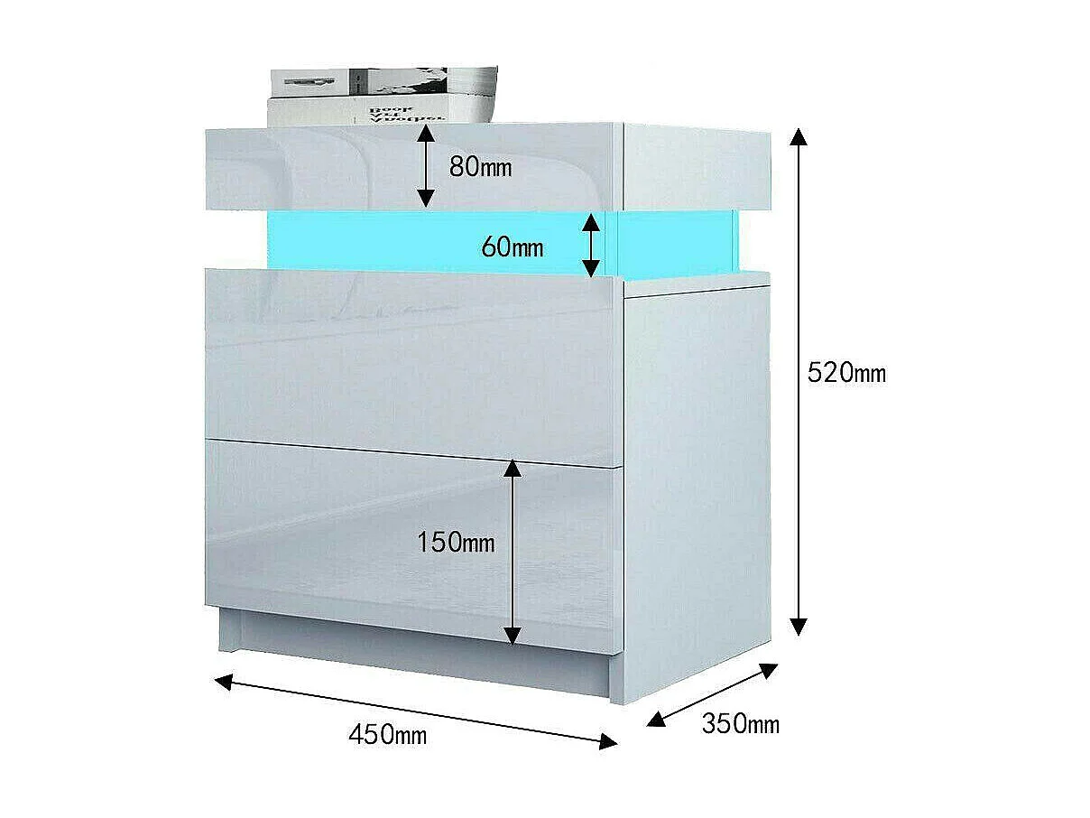 Table de chevet Haute Brillance avec LED Lumières,Armoire Commode 2 Tiroirs Table de Nuit Meuble de chambre - 45x35x52cm - Blanc
